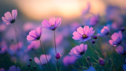 Cosmos flowers glowing at dusk with selective focus depth.