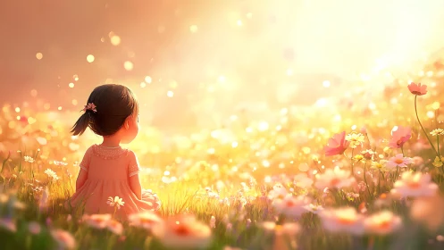 Child in luminous flower meadow under golden sunlight glow.