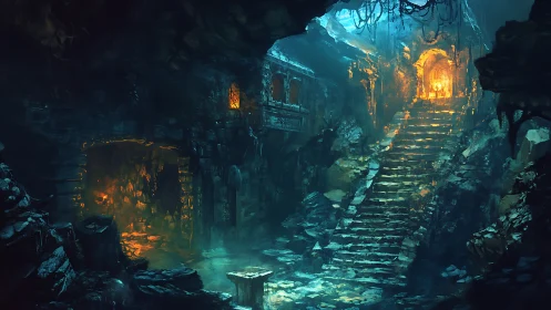 Hidden stone stairway glows with warm torchlit mystery