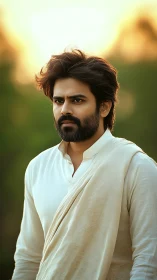 Bearded man in white traditional attire under warm sunset