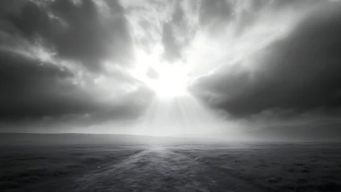 Lonely path stretches beneath dramatic sunlit storm clouds