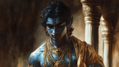 Blue-skinned deity in golden robes stands within dim temple