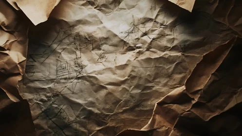 Crumpled brown paper surface displays faint linear sketches