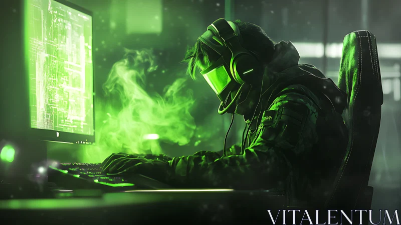 Neon cyber hacker locks into glowing terminal command stream.