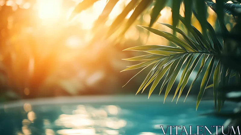 Sunlit palm leaves above soft turquoise water surface.