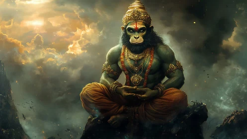 Mythic humanoid monkey figure meditates on rocky peak