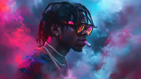 Neon lit portrait of stylish smoker in vapor haze.