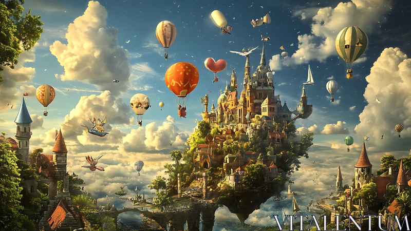 Fantasy sky kingdom with floating castle and airships rendered.
