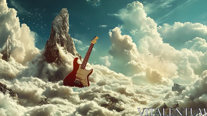 Electric guitar rising in cinematic cloud sea landscape.