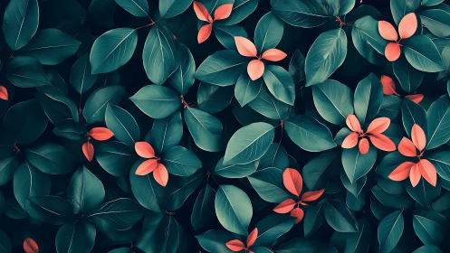 Green foliage with contrasting coral leaves fills the frame