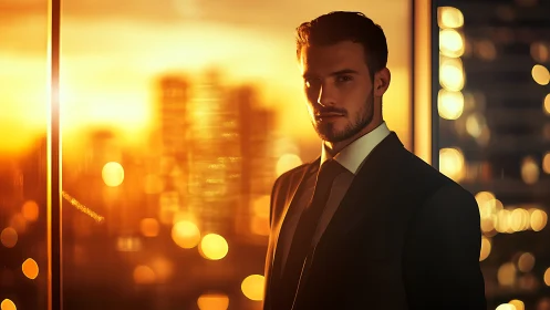 Businessman stands by office window at sunset in city