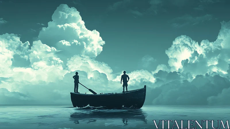 Silhouetted figures in rowboat confront monumental teal clouds