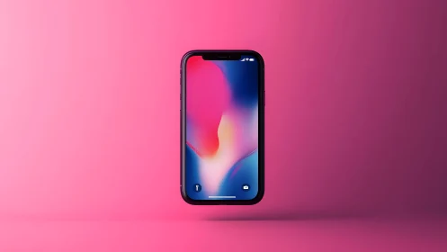 Modern smartphone with vivid display on pink gradient background.