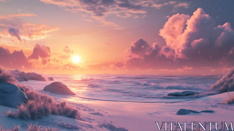 Iridescent pastel shoreline sunset with volumetric cloudscape