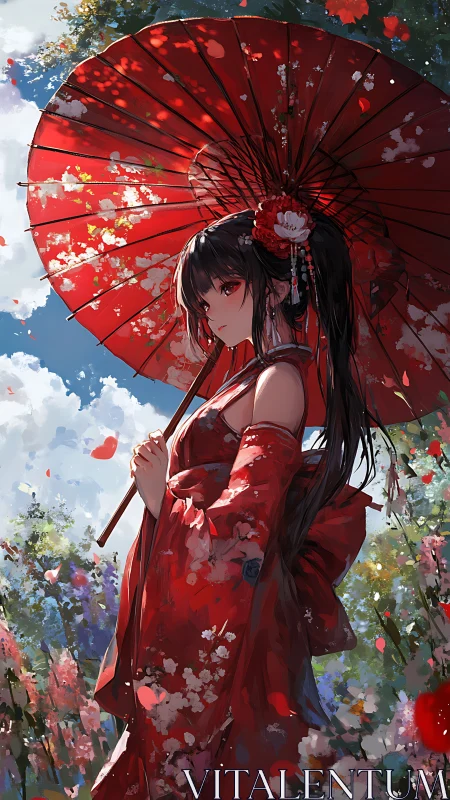 Crimson parasol maiden wandering through painted springlight.