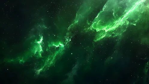 Emerald nebula streamers across deep cosmic darkness.