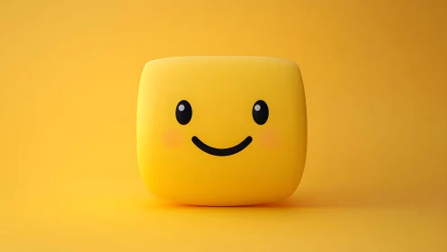 Rounded yellow smiley cube glows on monochrome background.