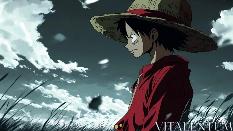 Straw-hatted dreamer stands quiet beneath restless skies.