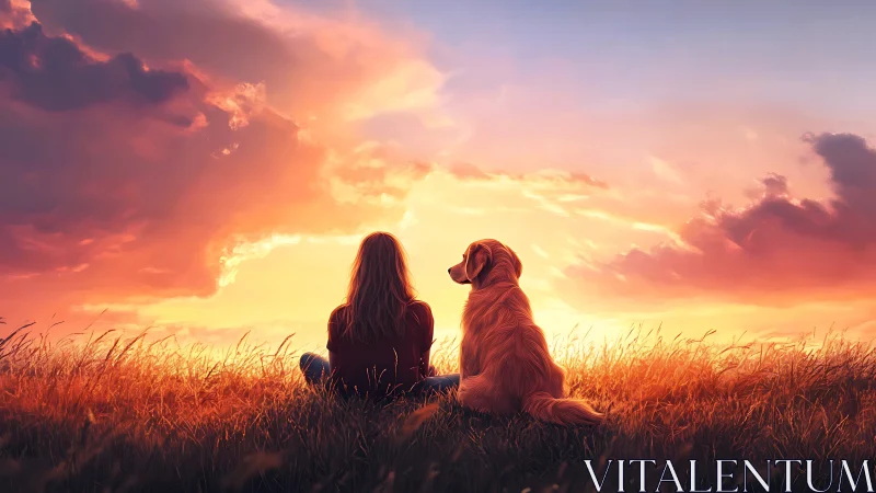 Golden hour friendship shared by a girl and her dog.