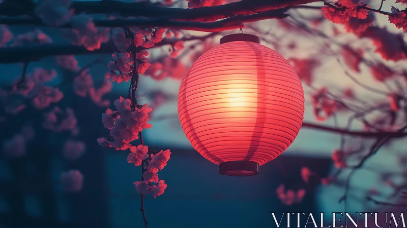 Softly glowing lantern among twilight cherry blossoms.