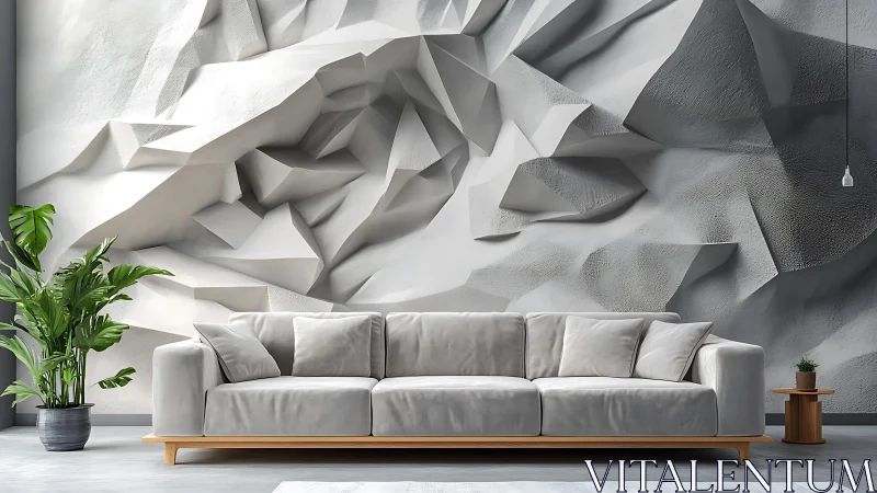 Photorealistic living room with sculpted geometric wall relief.