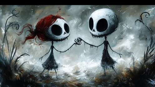 Two skeletal figures hold hands in a foggy abstract field