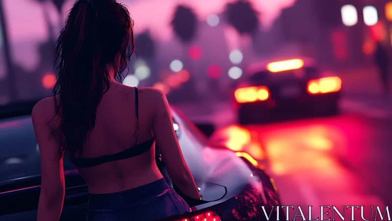 Neon dusk street captures lone woman beside sleek car.