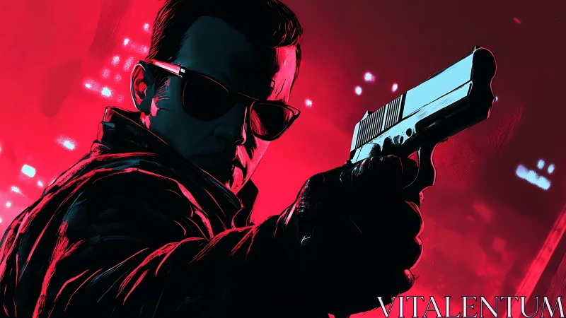 Neon soaked vigilante holds a gun with cool steady focus