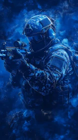 Tactical soldier portrait in blue digital combat armor.