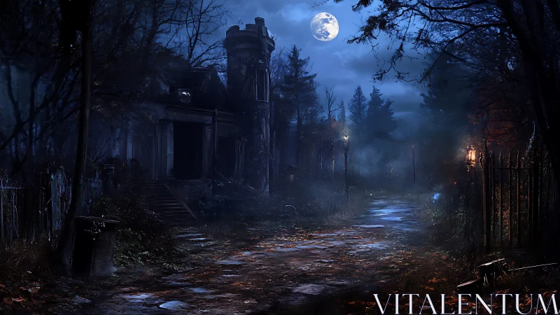 Moonlit forest lane winds past a lonely, weathered manor