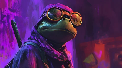 Anthropomorphic turtle rogue rendered in neon cyberpunk hues