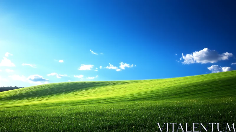Sunlit green hillside stretches beneath a radiant blue sky