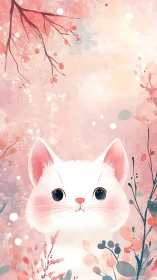 White Cat Portrait in Watercolor with Atmospheric Pink Bokeh Rendering