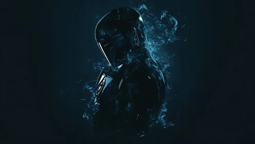 Armored sci-fi silhouette dissolves into luminous blue vapor