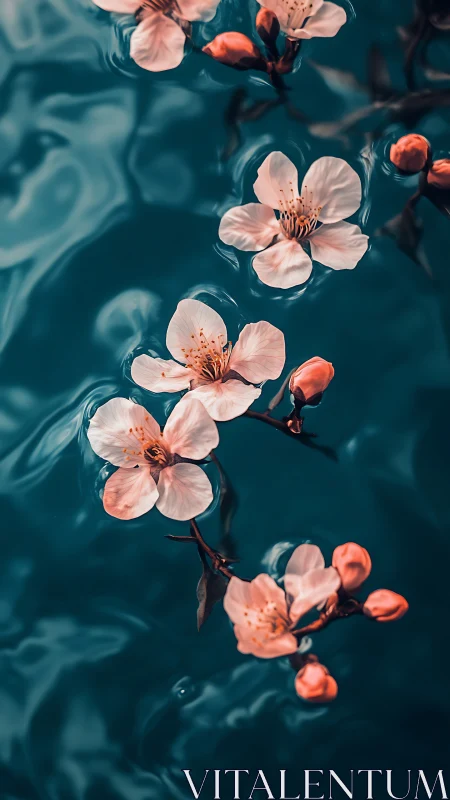 Delicate Peach Blossoms Floating in Teal Water Surface.
