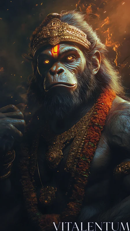 Mythic warrior ape deity in flaming ceremonial regalia.