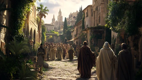 Digital painting of ancient stone street with robed procession.