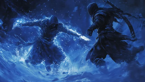 Hooded frost duelists carve light through a stormbound night.