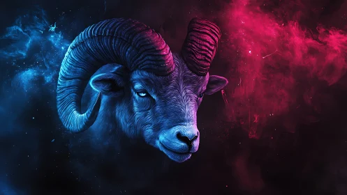 Cosmic ram between blue calm and fierce pink fire.