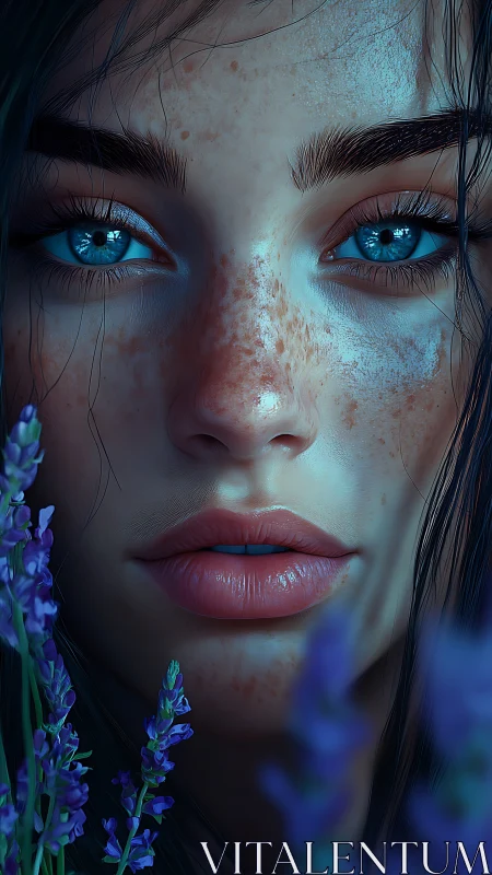 Freckled woman gazes past viewer amid cool lavender glow