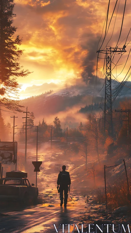 Lone wanderer follows a molten sunset road into ash-sky silence.