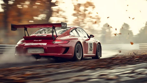 Rear-tracking shot of GT race car with strong motion blur and spray