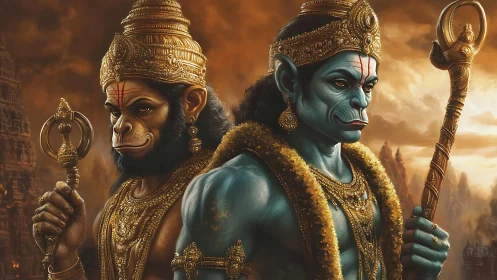 Divine warrior twins stand united against a burning sky