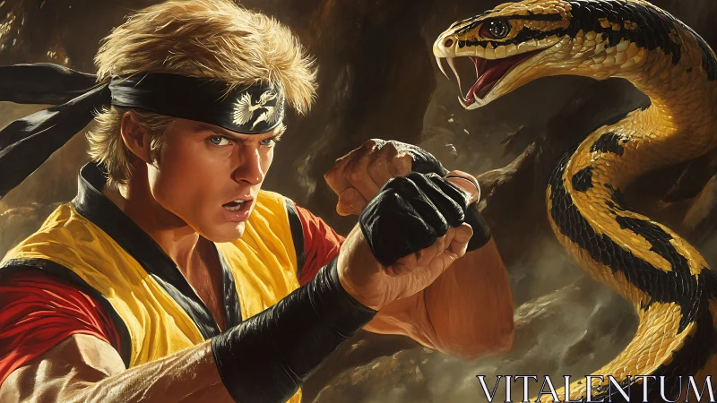 Martial artist confronts lunging serpent in molten light