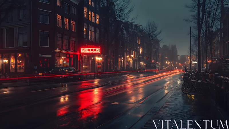 Rainy urban street at night with light trails and canal.