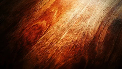 Illuminated close-up of textured polished wooden surface.