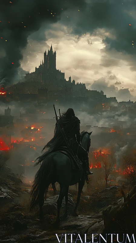 Armored rider surveys burning citadel under storm-laden sky