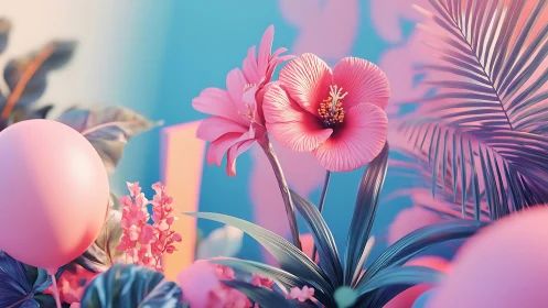 Pink hibiscus flower with tropical foliage in vibrant surreal setting