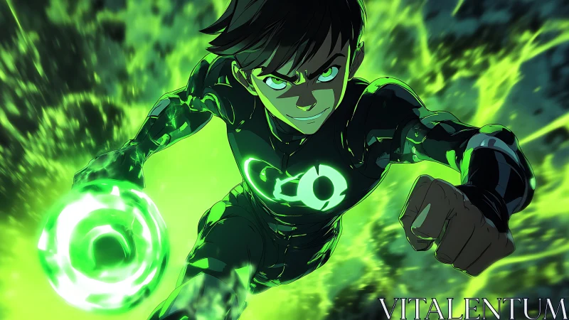 Energetic emerald construct wielder in dynamic forward thrust.