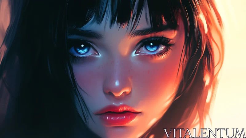 Digital portrait shows close-up stylized face with blue eyes